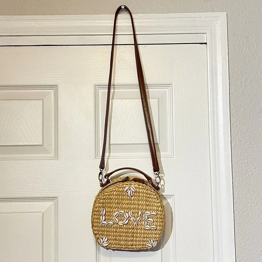 POOLSIDE x Dannijo Ariana “LOVE” Shell Rattan Circular Basket Handbag Purse